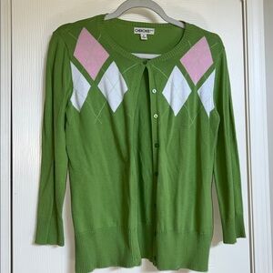 Cherokee Green Cardigan with Pink and White Argyle